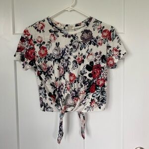 Heart Hips Floral Tie-Front Crop Top - Red, Purple, Black on White